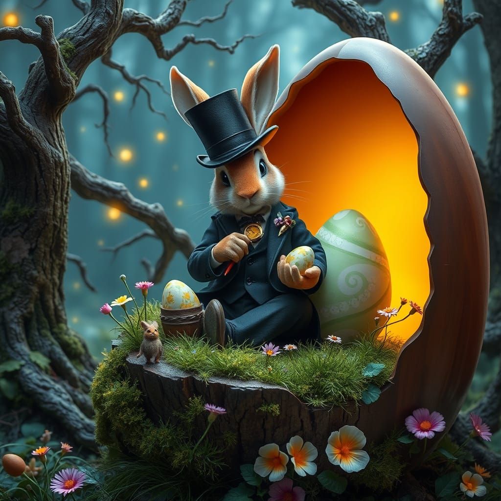 Elegant Easter Bunny Paints Whimsical Egg in Enchanted Fores...