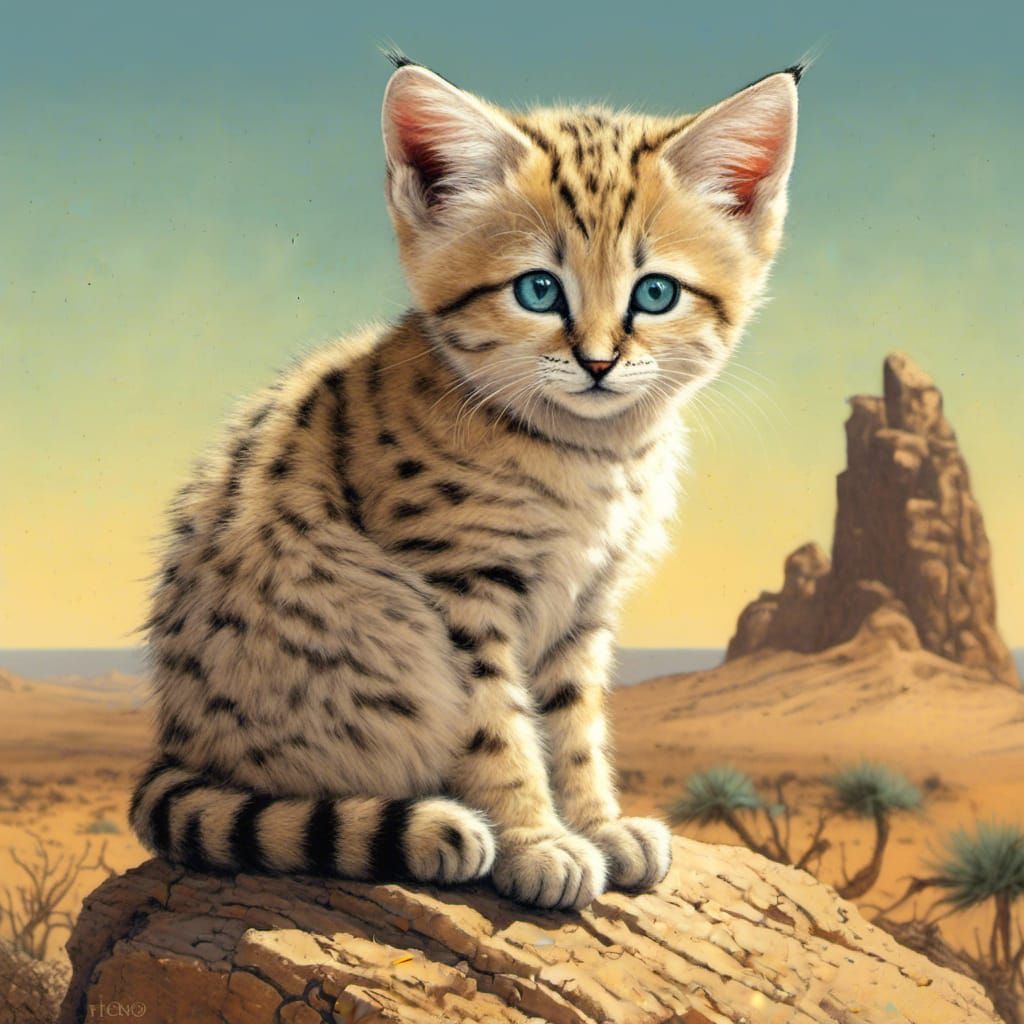 Sandcat in Desert Landscape with Reflective Eyes