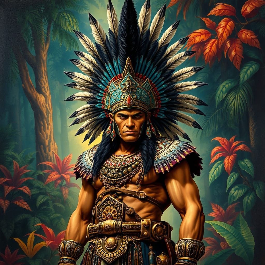 Regal Aztec Warrior in Lush Jungle Landscape