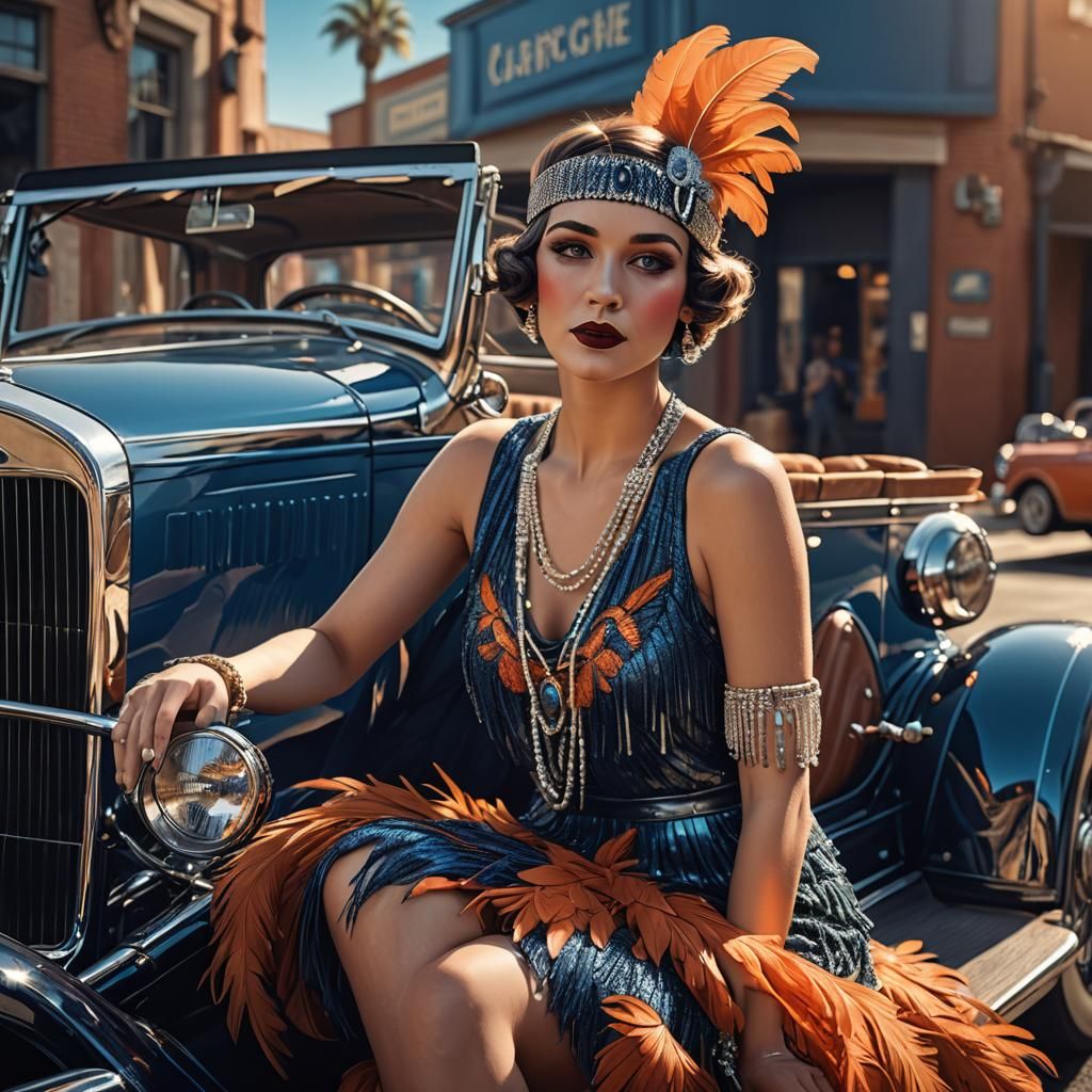 Flapper Girl in Classic Car: 3D Art Deco Render