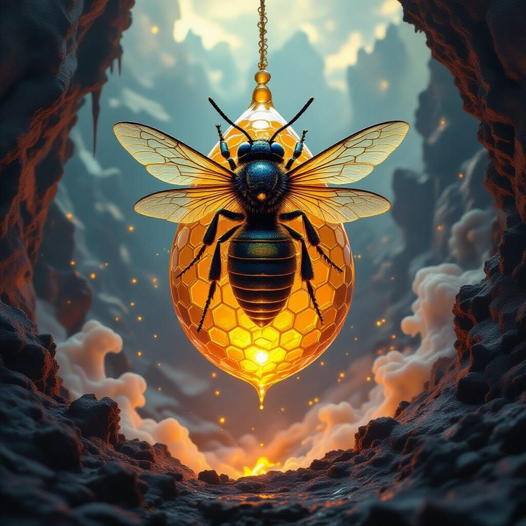 A phosphorescent clothed oracle-wasp queen  formed from honey coils inside a levitating amber droplet above a canyon of ...
