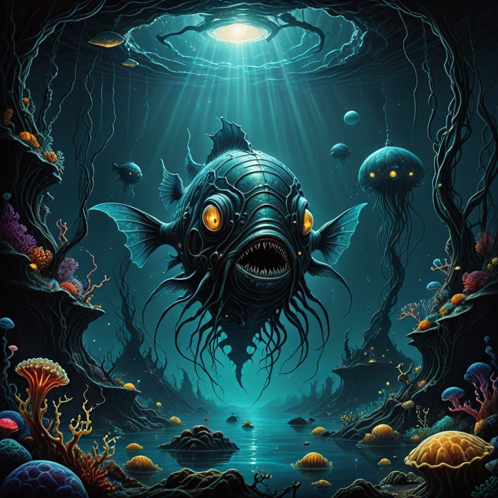 Bioluminescent Anglerfish in Alien Ocean: Cosmic Horror Art