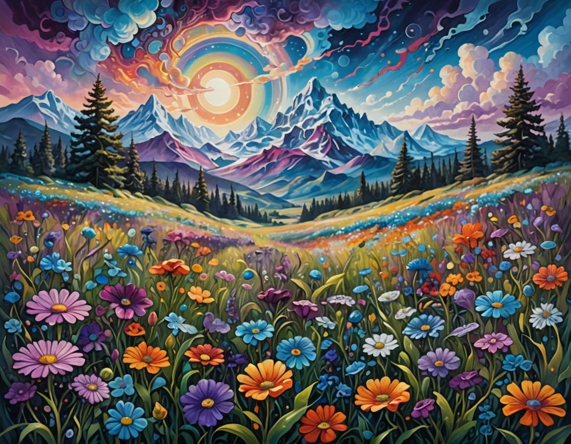 Surreal Dewy Meadow with Kaleidoscope Clouds