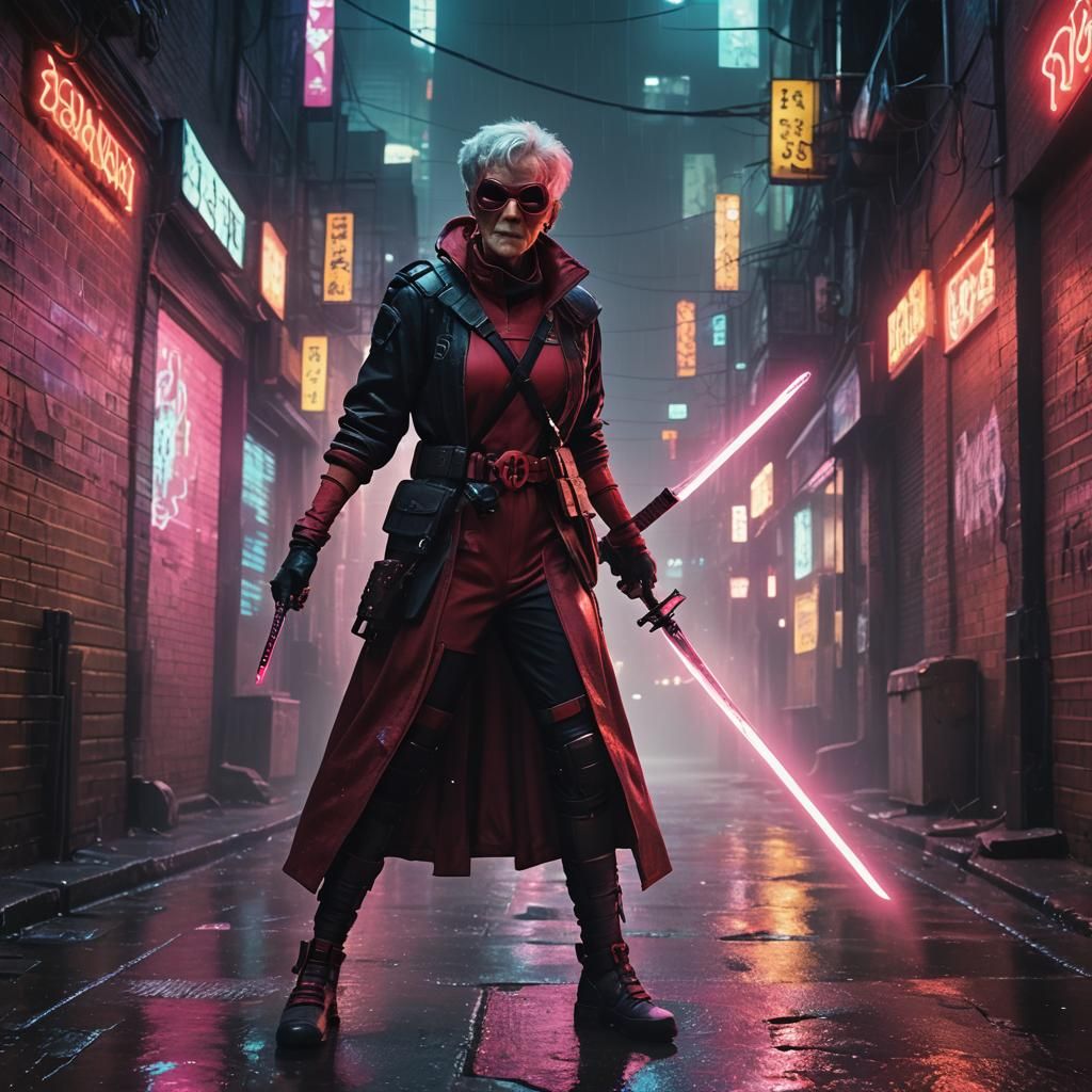 Cyberpunk Granny Deadpool with Sword in Alleyway