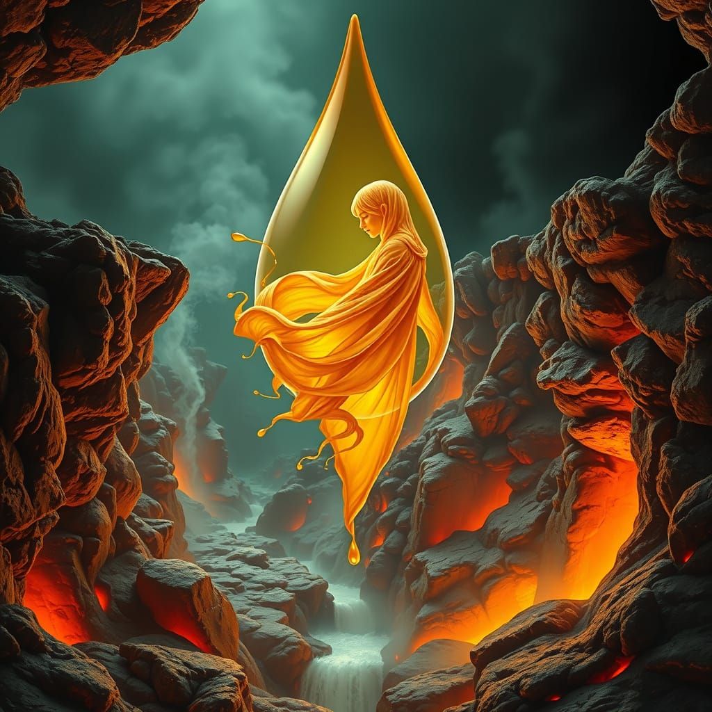 Phosphorescent Nymph in Amber Droplet, Surreal Optical Art