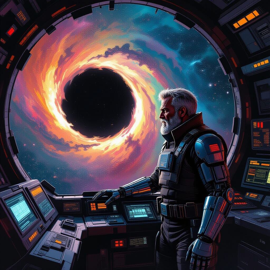 Space Captain on Derelict Bridge Overlooking Black Hole Nebu...