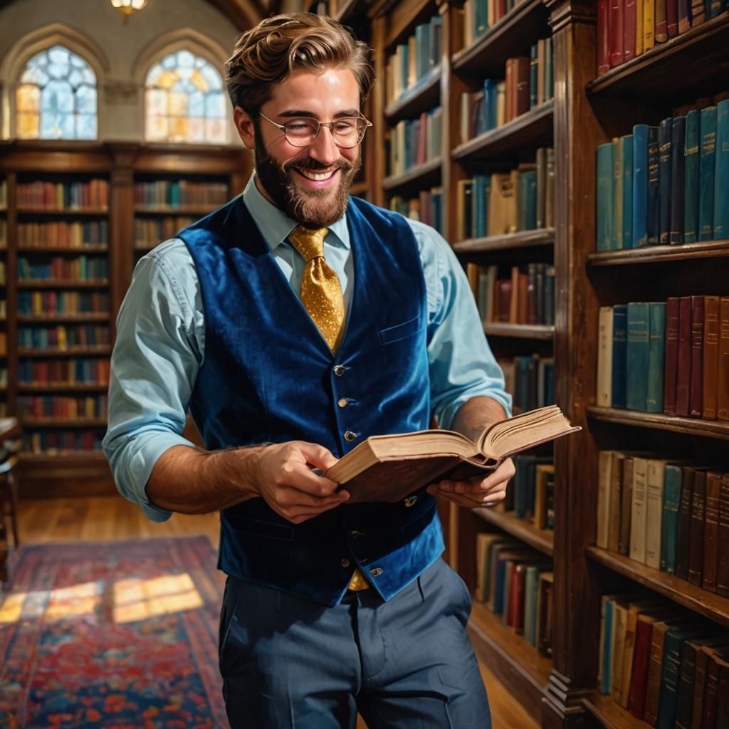 Smiling Man in Library as Post-Impressionist Painting