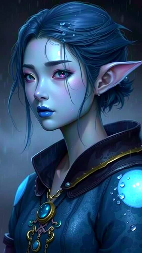 Blue-Skinned Girl in Rain, Detailed Fantasy Illustration