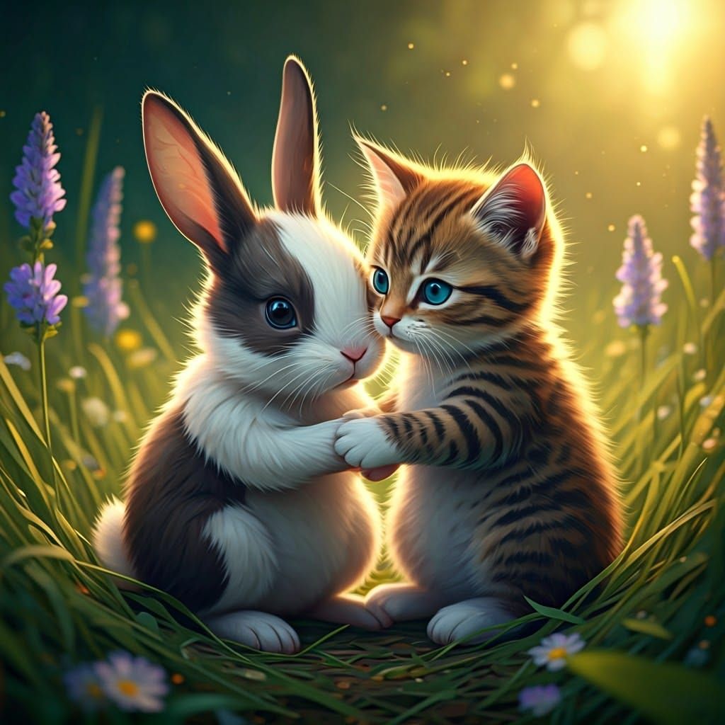 Rabbit and Kitten in Lush Anime Meadow
