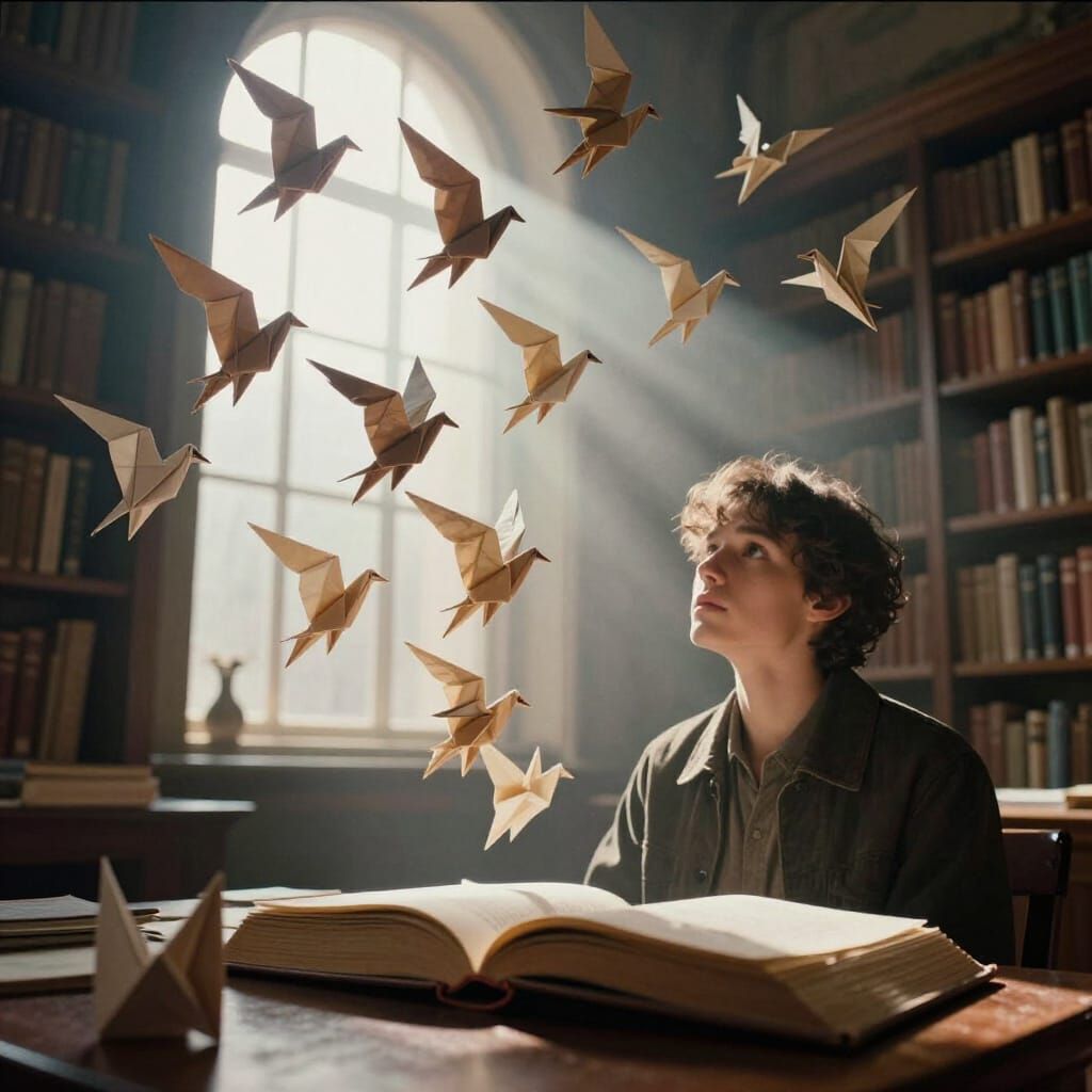 Origami Birds Fly From Book in Grand Library Film Still