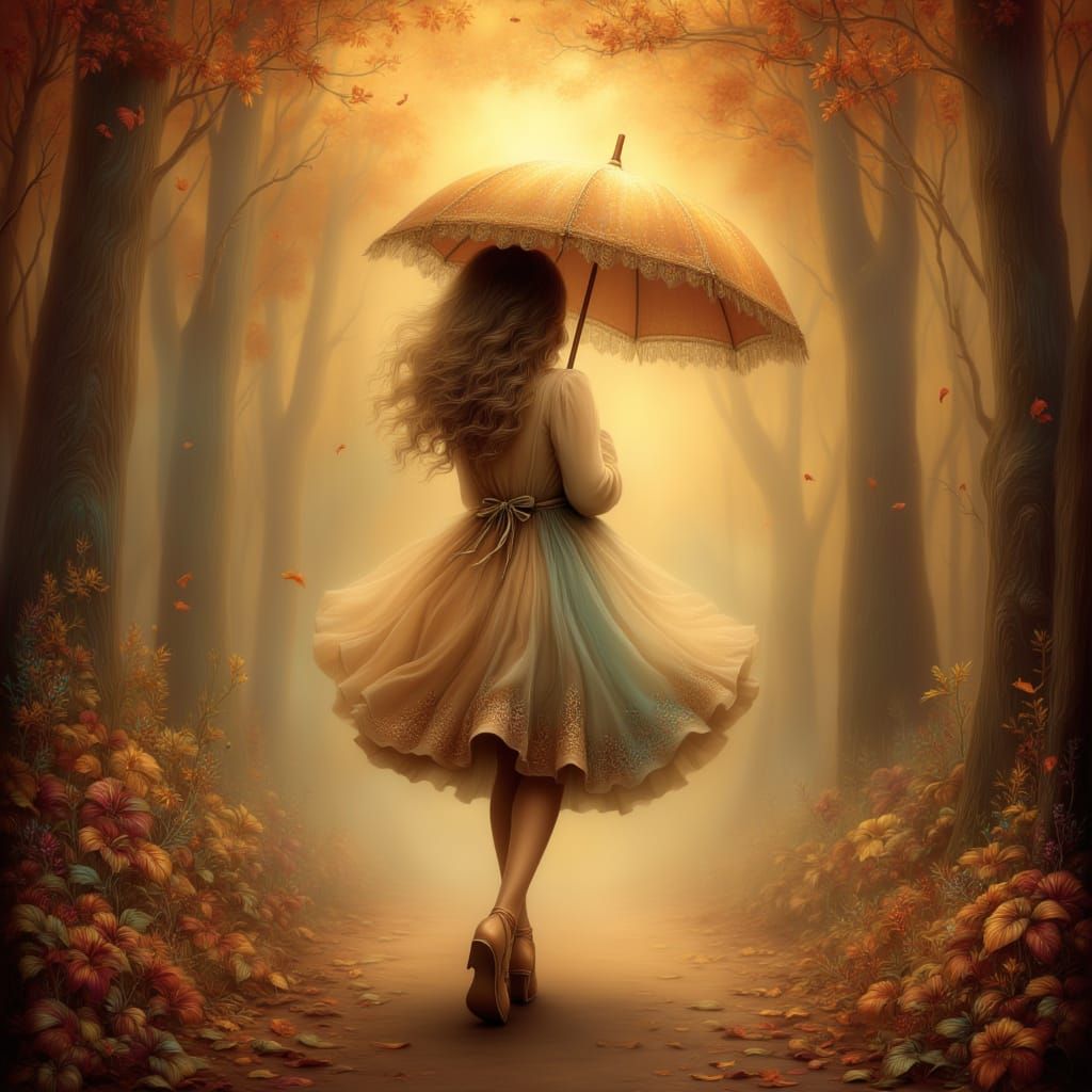 Enchanted Autumn Forest: Woman with Starlight Umbrella