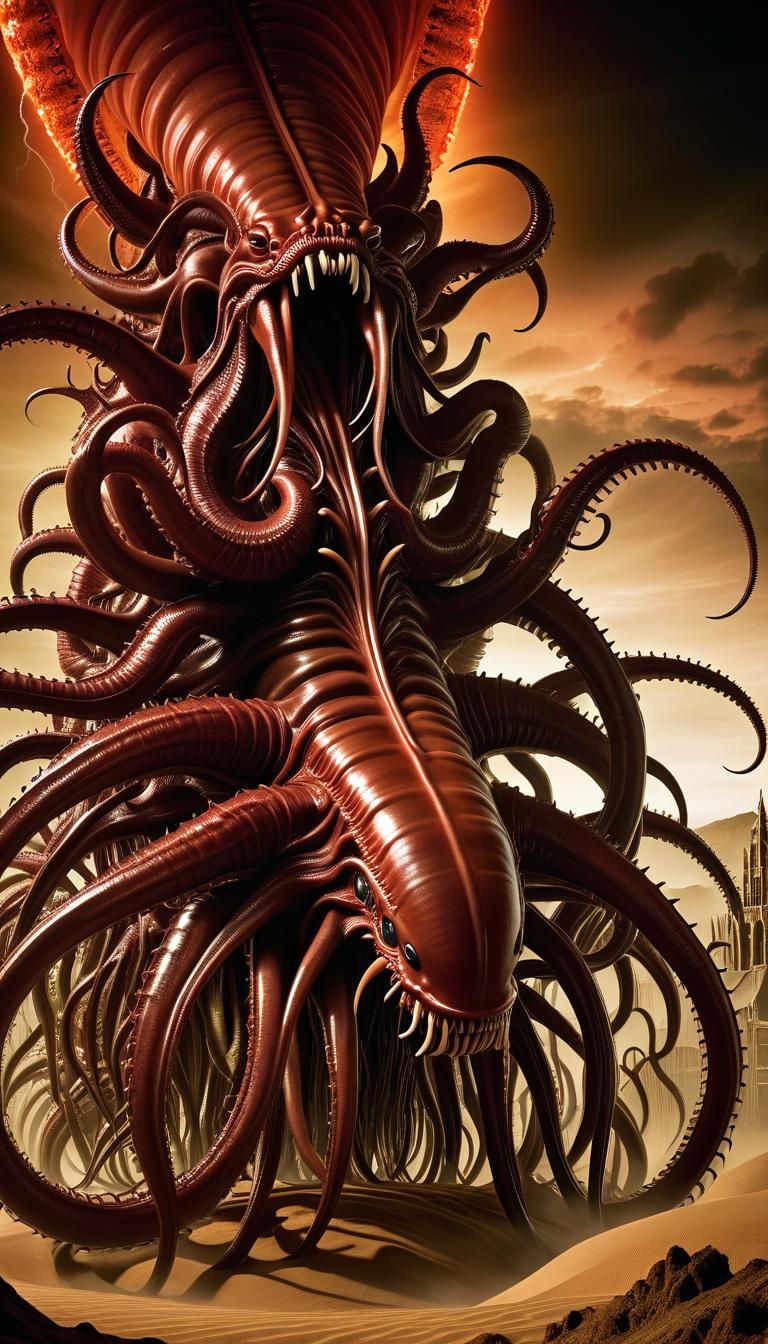Giger-Inspired Cthulhu Centipede in Dystopian Landscape