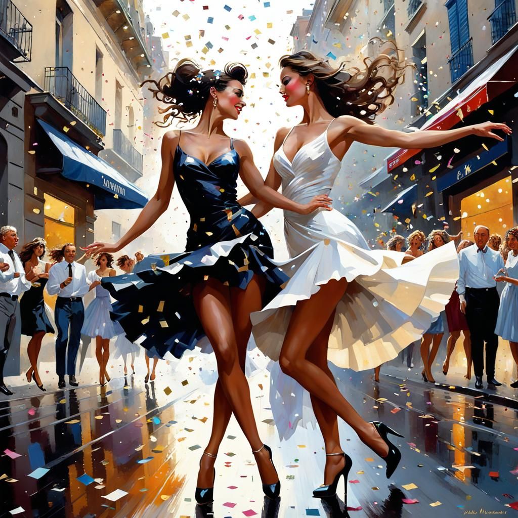Confetti Dance: Two Women in Street Celebration