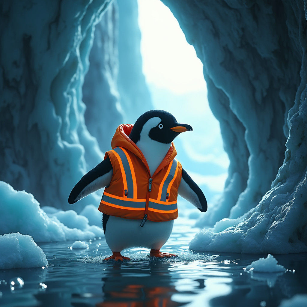 Penguin in Safety Vest, Cinematic Digital Art