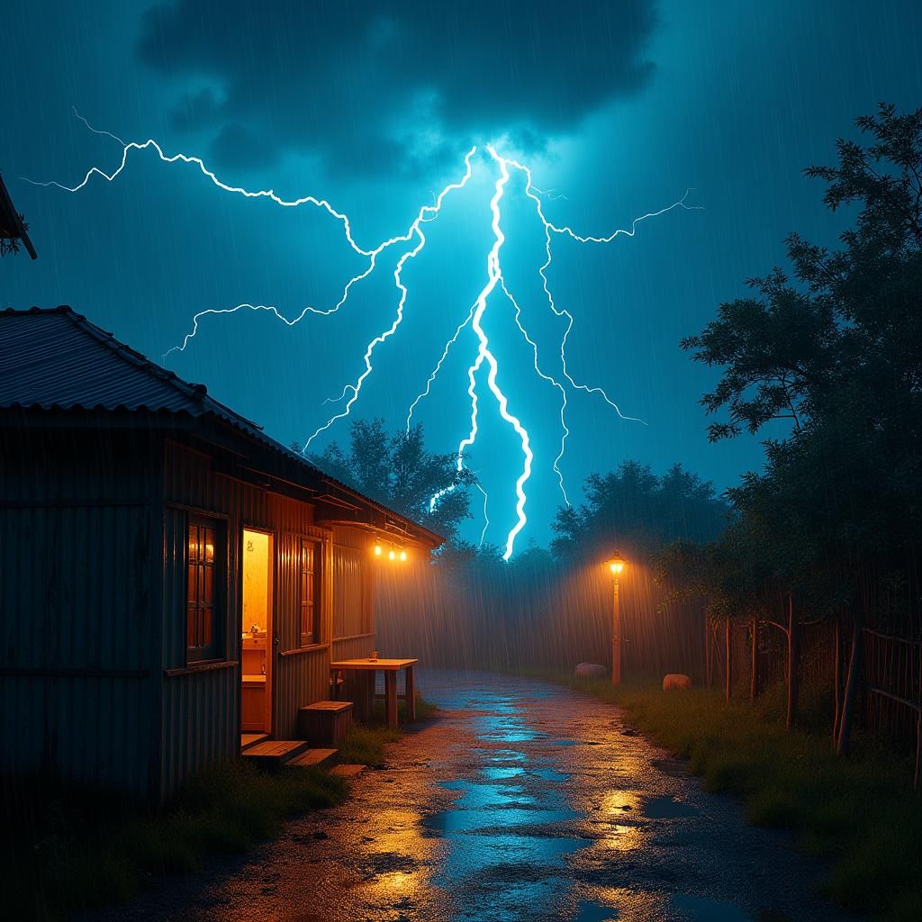 A thunderstorm outside and you hear the rain pelting the tin...