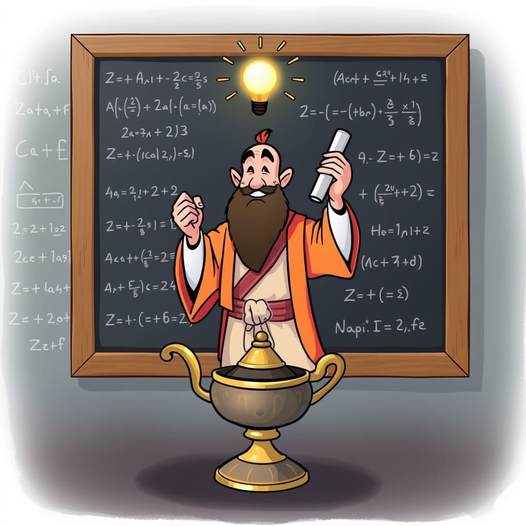 Cartoon Genie with Chalkboard Equations