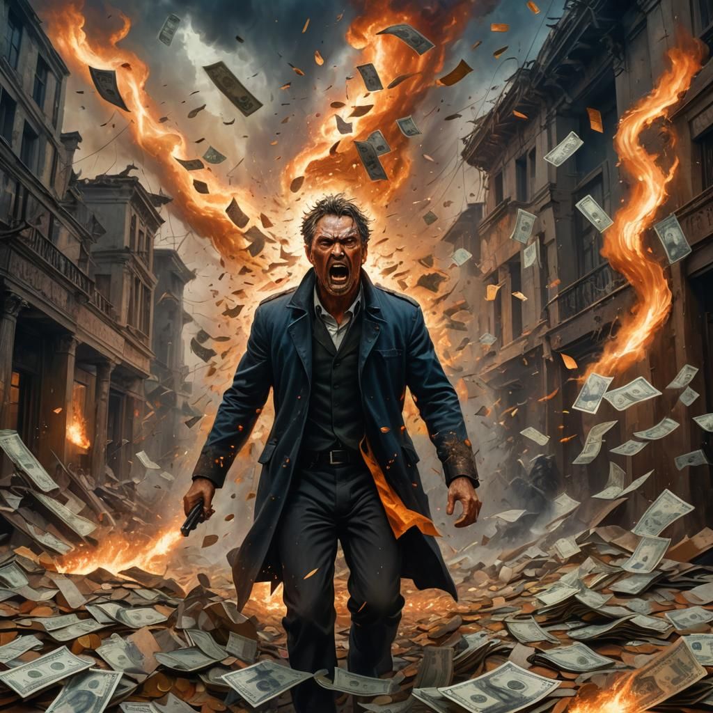 Furious Man in War-Torn Landscape: Dark Fantasy Art