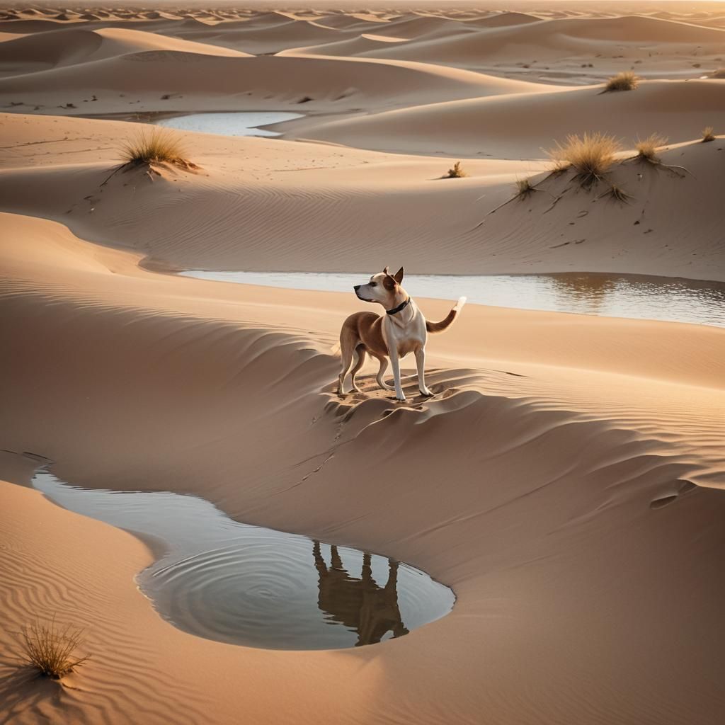 Surreal Dog in Desert of Water Dunes