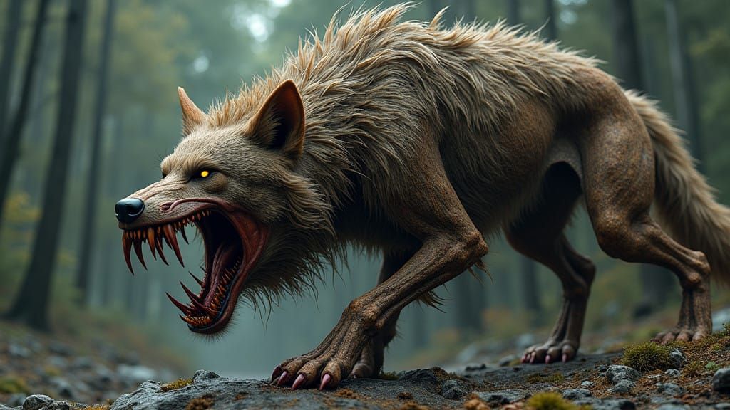 The creature's once-lustrous fur now hangs in tattered, haze...