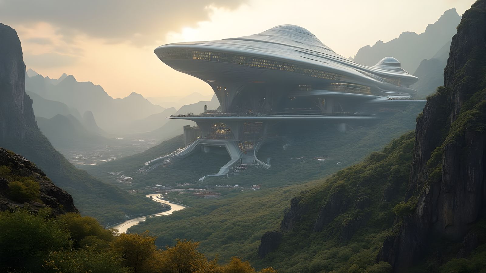 Show a distant world landscape. Alien architecture.  Profess...