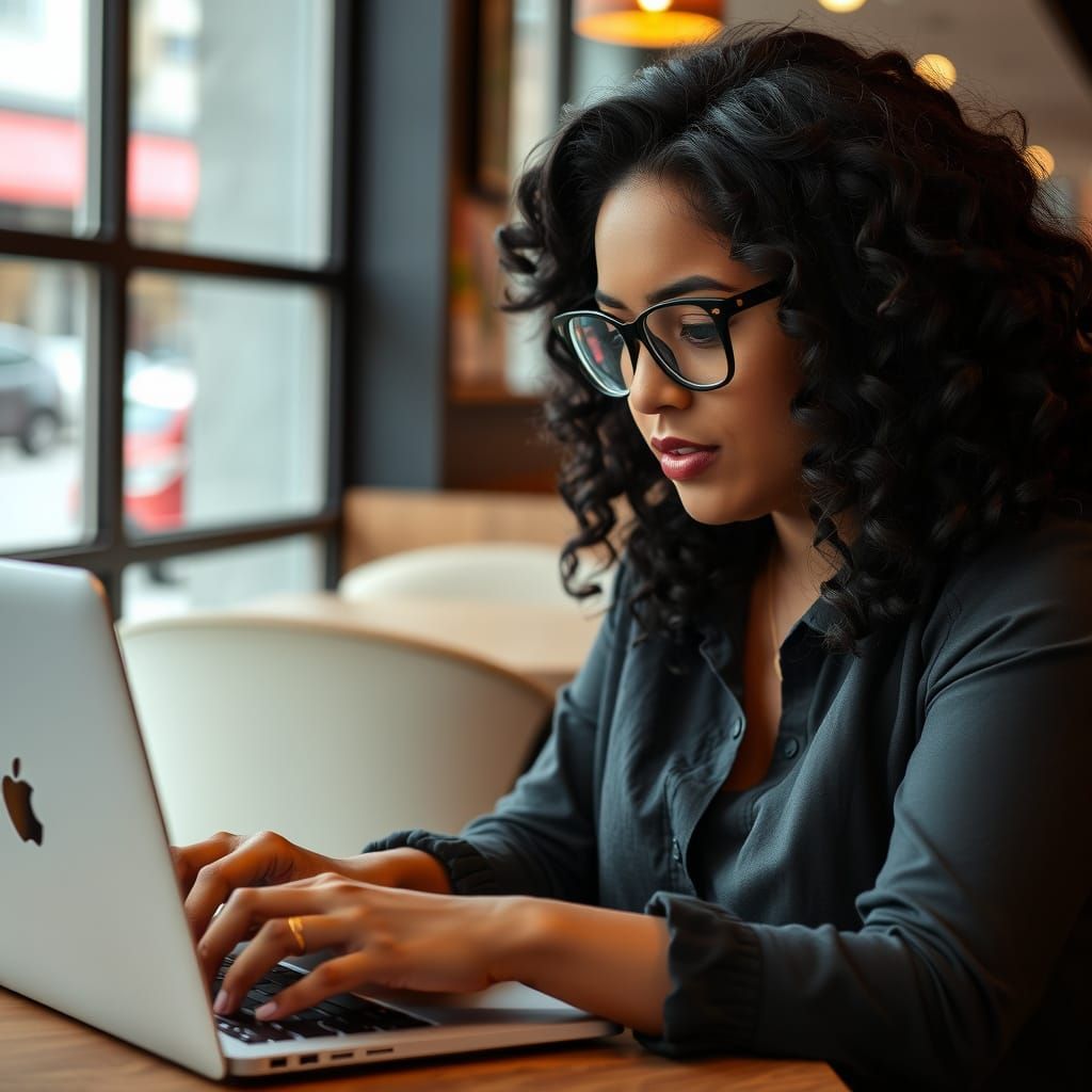 Confident Indian Woman Typing at a Café in Realistic Style