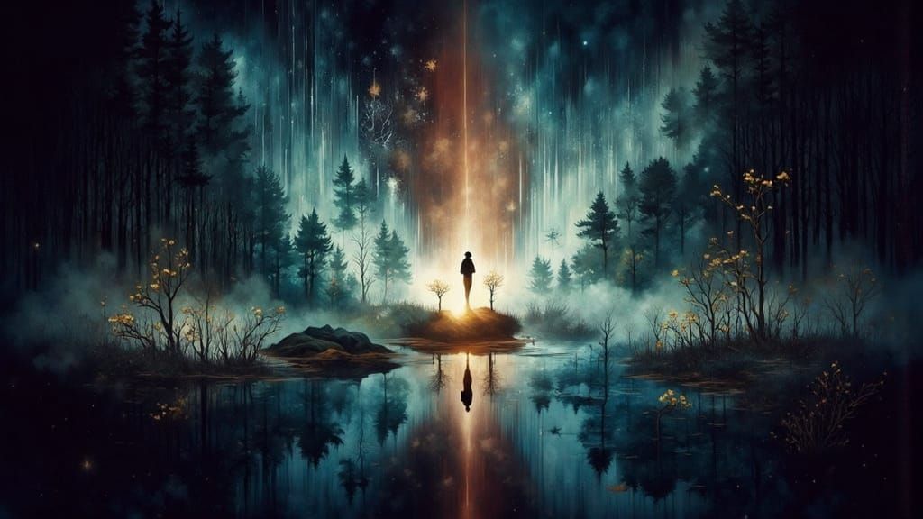 Hyperrealistic Woman in Dreamlike Marsh with Temporal Wrecks