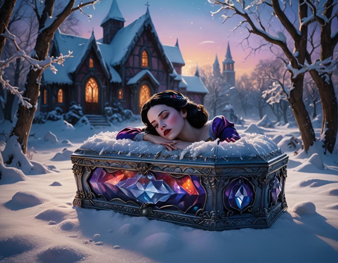 Snow White in Crystal Coffin: Hyperrealistic Winter Scene
