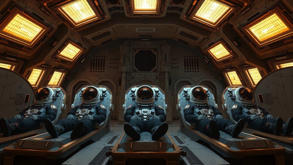 Astronauts in Cryogenic Pods within a Derelict Futuristic Sp...