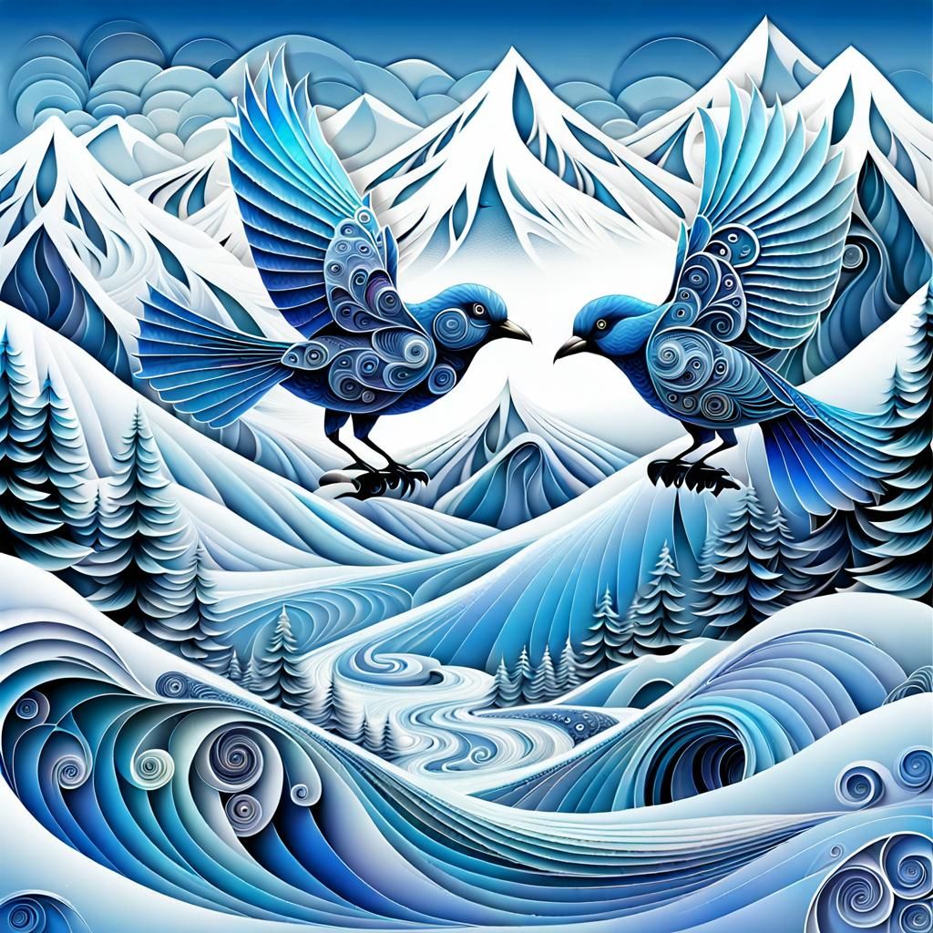 Blue Birds Skating in Icy Mountain Landscape