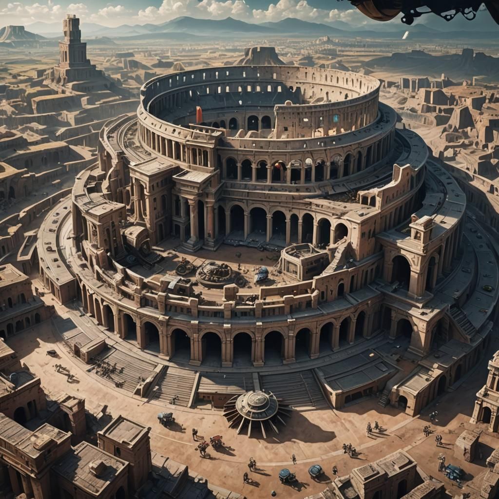 Ancient Mechanized Colosseum with Robotic Gladiators