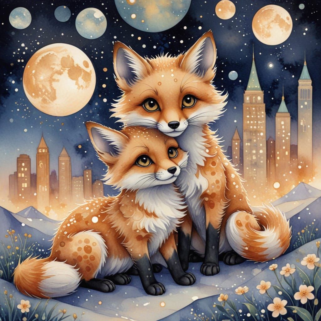 Cute Fox Kits with Fireworks, Watercolor Style