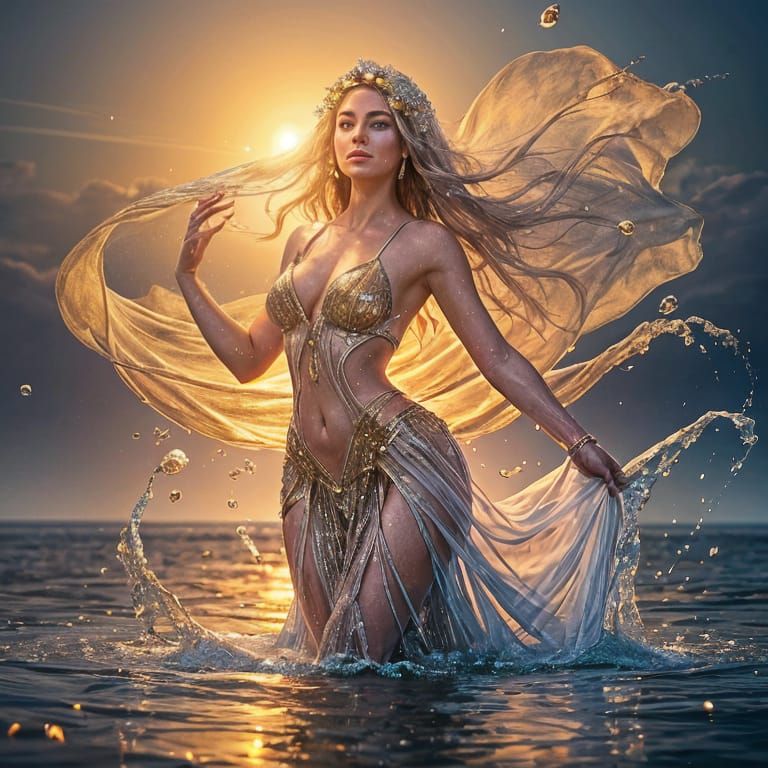 Water Woman Figure in Sunset Flower Field