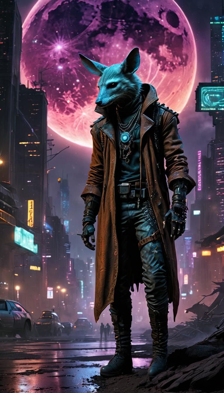 Cosmic Stranger Amidst Dark Cyberpunk Landscape
