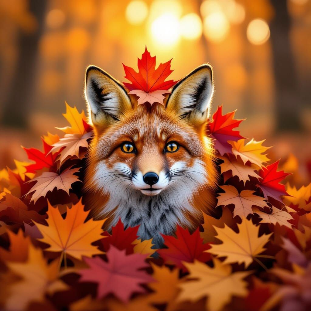 Mischievous Fox Hides in Autumn Leaves