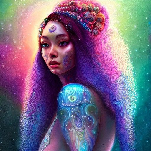 Mayan Moon Goddess with Rainbow Hair
