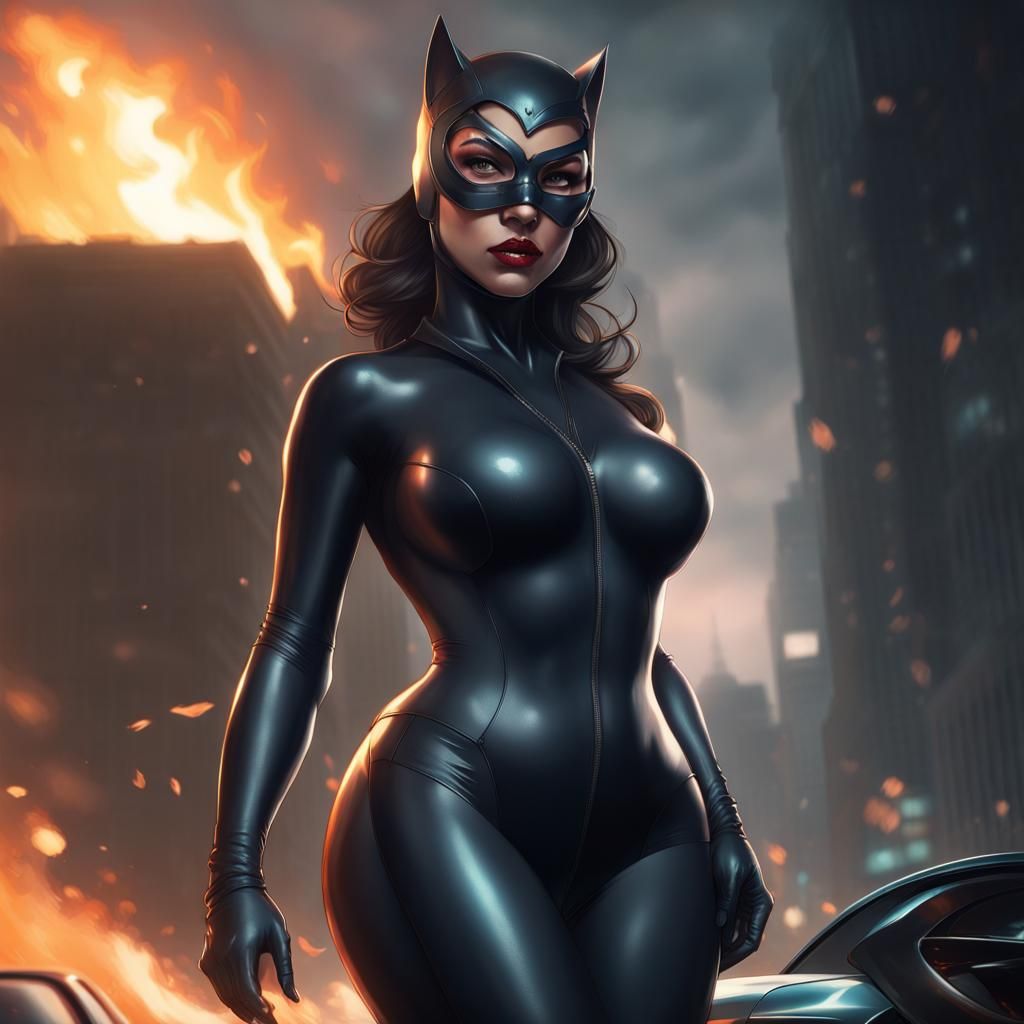 Curvy Catwoman Attacks in Burning Car Scene