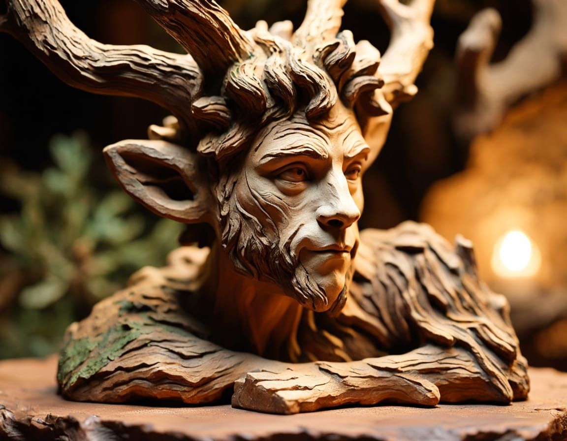 Earthy Clay Sculpture of a Faun and Oak Tree