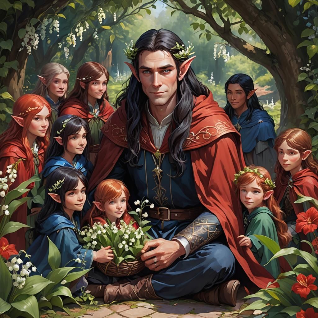 A tall male elf with very long black hair, blue eyes, wearin...