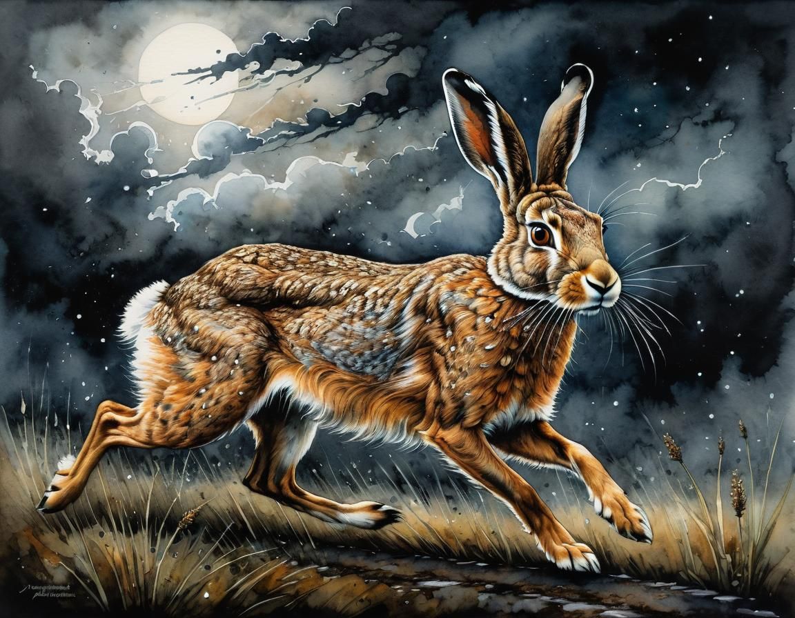 Majestic Hare Runs Through Thunderstorm