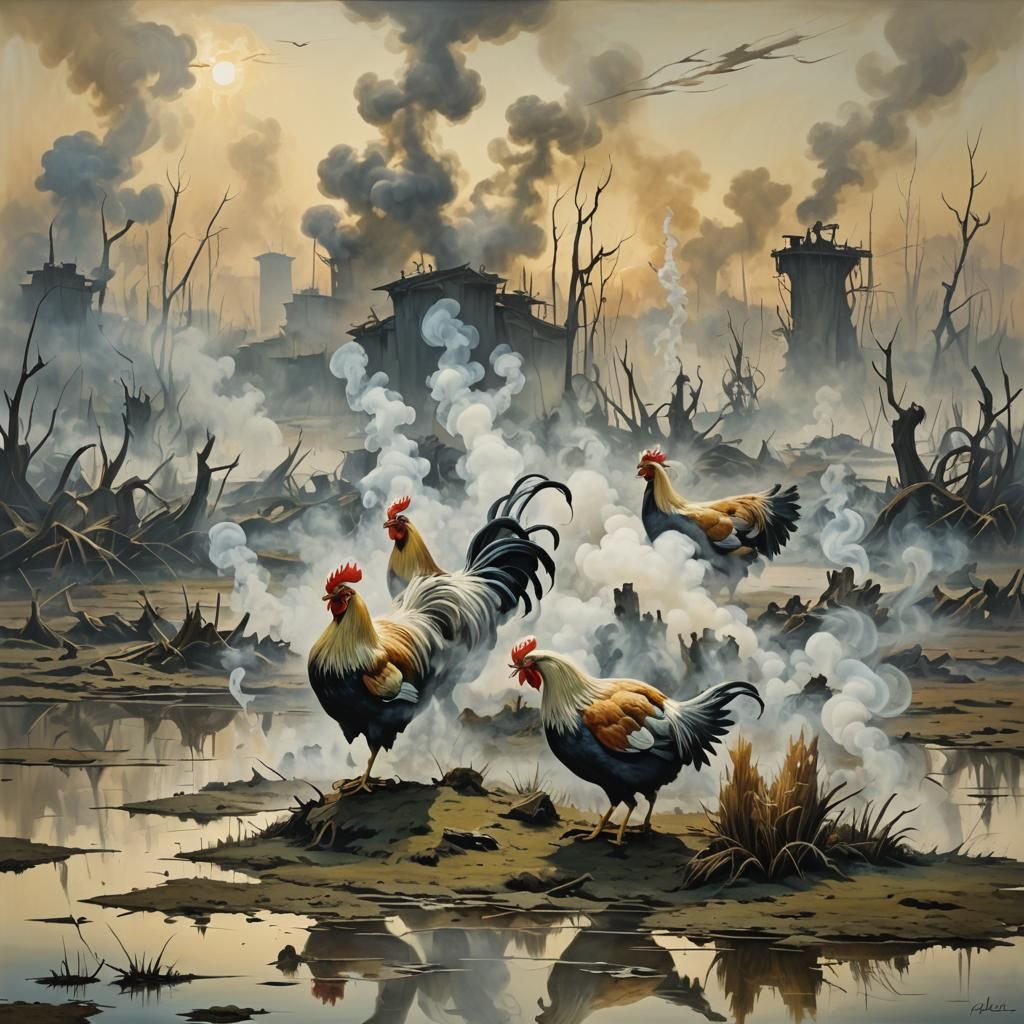 Surreal Smoke Chickens Rising in Marsh, Dali Style