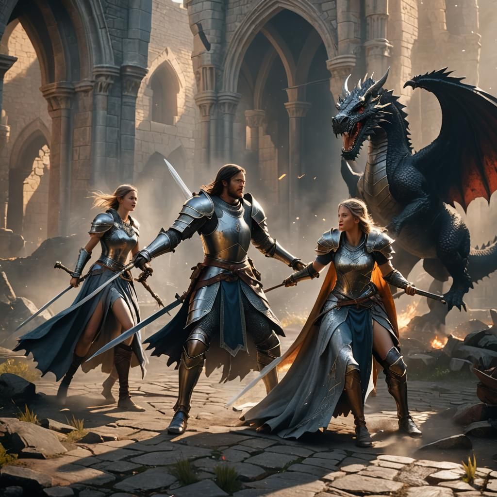 Medieval Knight Battles Dragon in 3D Videogame Style