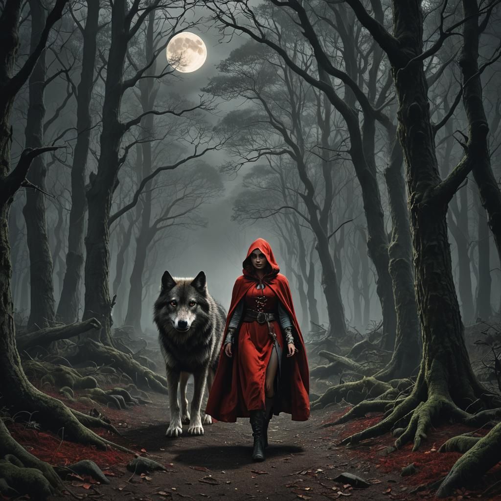 Little Red Riding Hood and Dire Wolf in Dark Forest