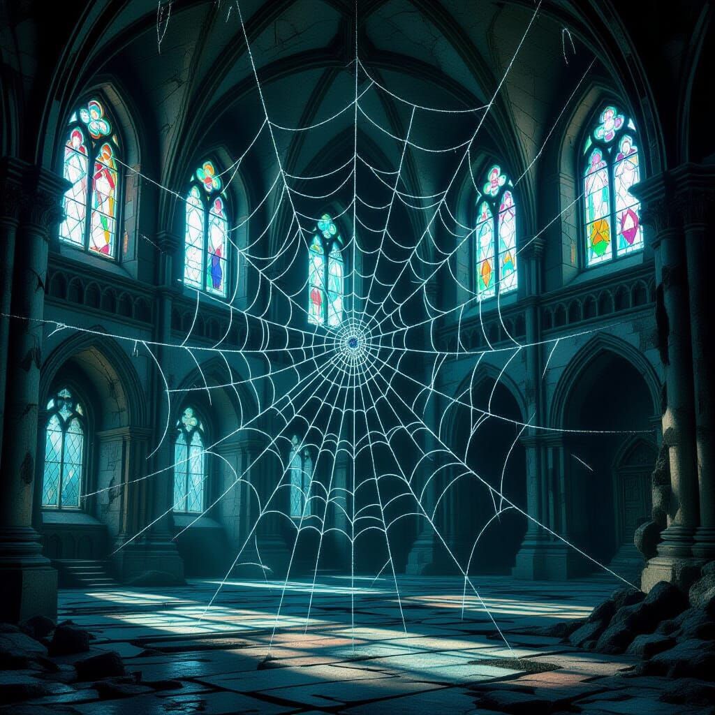 Intricate Spiderweb in Decaying Castle Hall