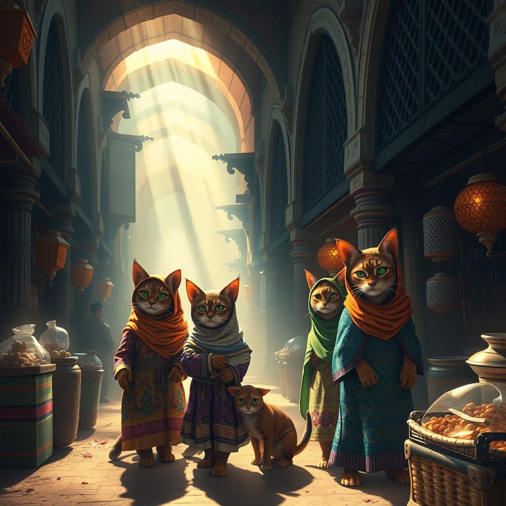 Surreal Arabian Nights Cats in a Vibrant Souq
