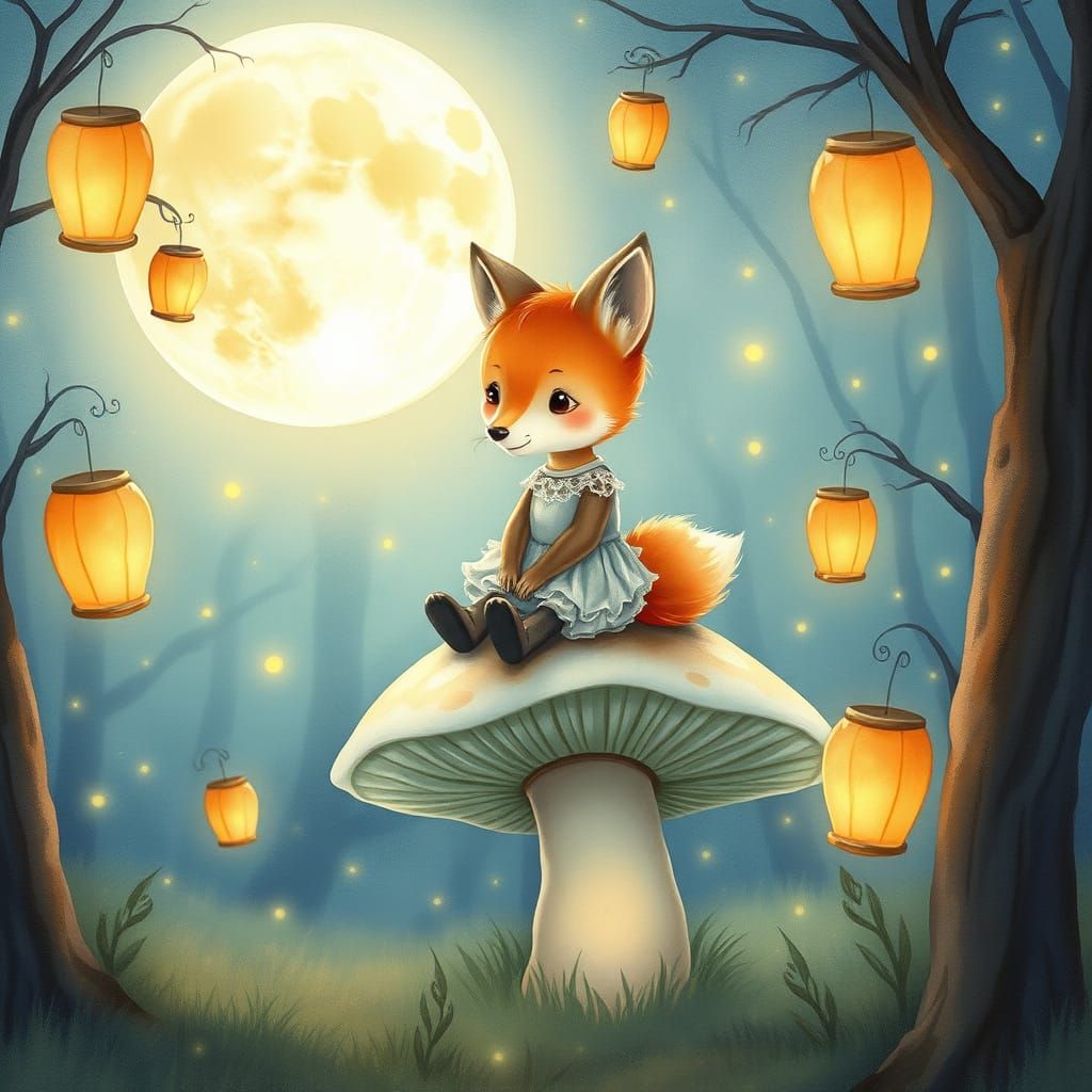 Fox on Mushroom in Dreamy Forest, Watercolor Style