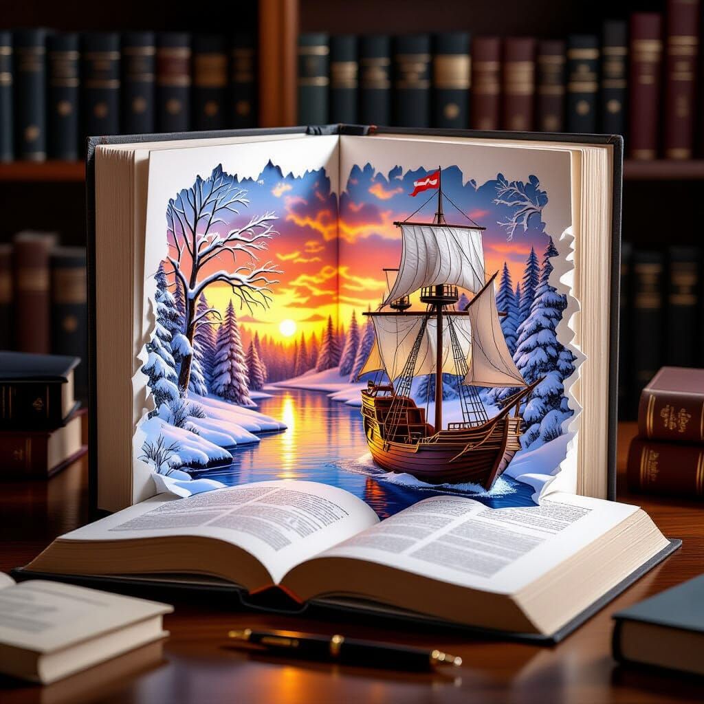 3D Paper Art: Sailing Ship in Open Book