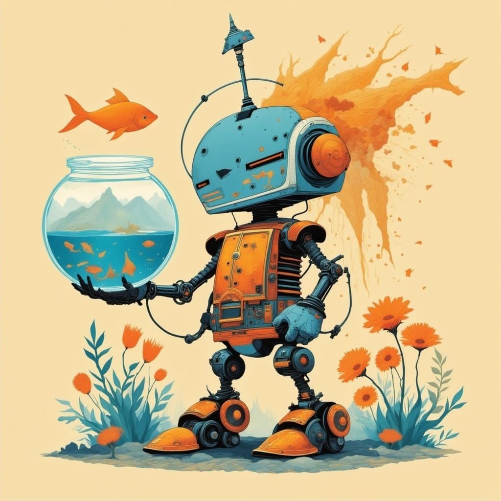 Cute Robot Holding a Fishbowl