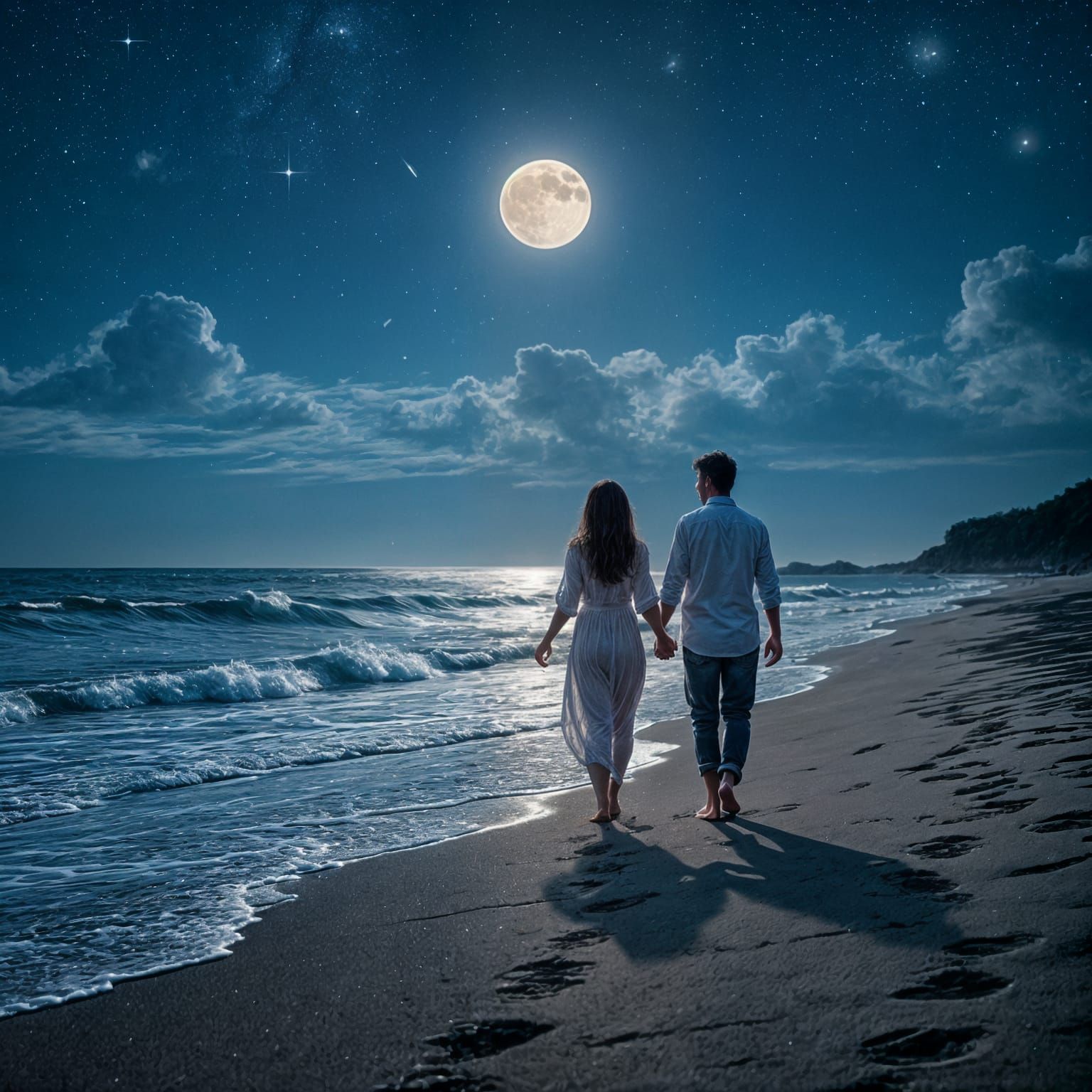 Moonlit Beach Walk: Lovers Under the Stars