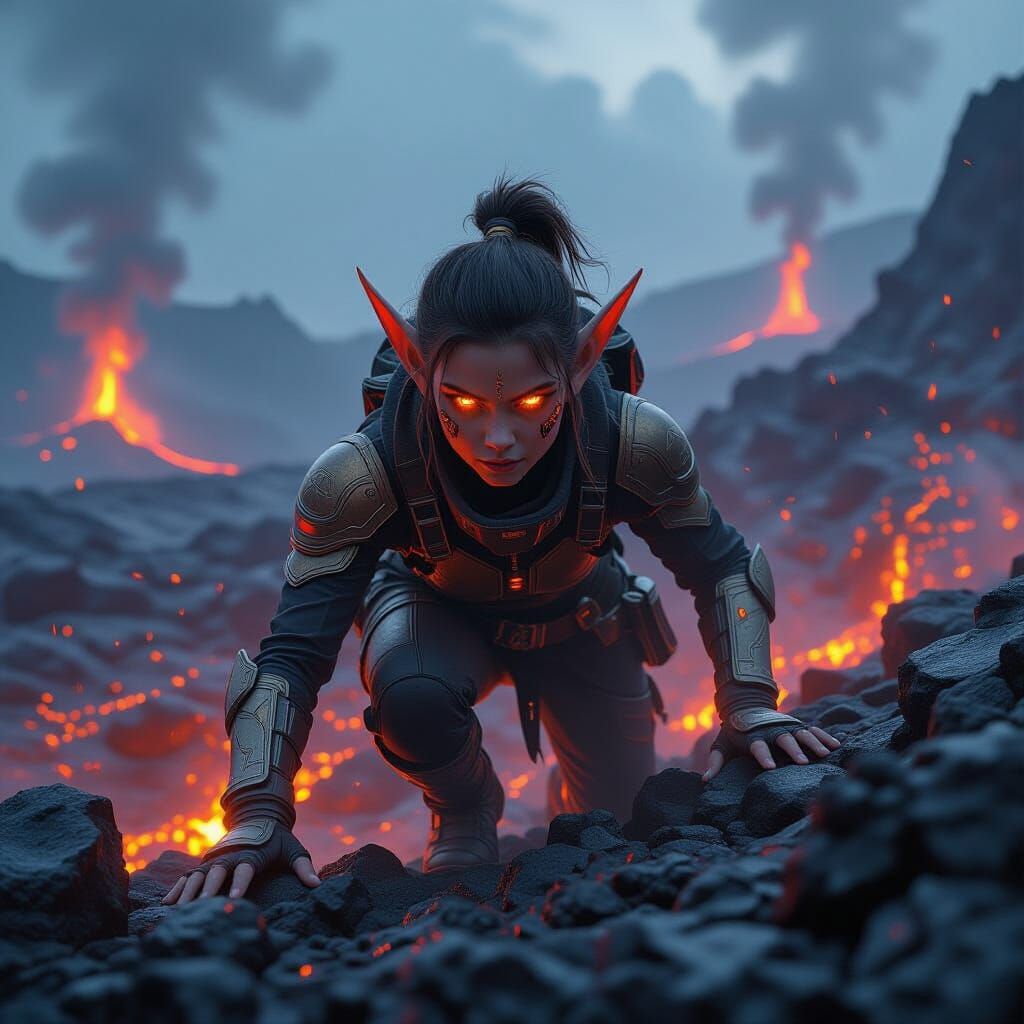 Volcano Elf Amidst Lava Flows in Ethereal Style