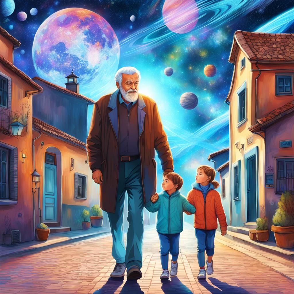 Grandfather Walking with Grandchildren: Cosmic Illustration